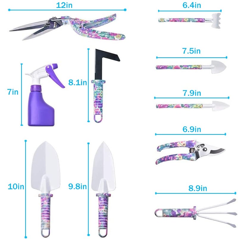 LEKEONE Gardening Tools, LEKEONE 10 Pieces Garden Tools with Floral Print, Ergonomic Handle Trowel Rake Weeder Pruner Shears Sprayer,Gardening Supplies with Carrying Case Gifts for Women - Image 5